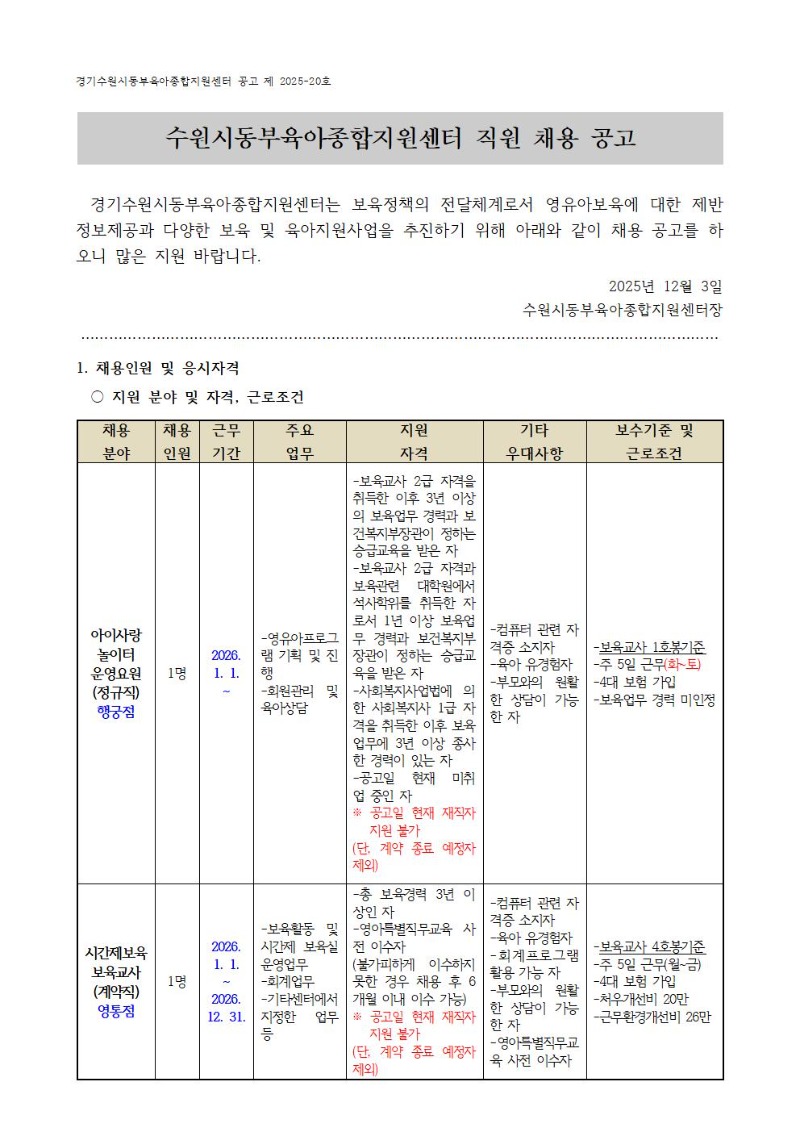2025-20-1 직원 채용공고(아이사랑놀이터 행궁점 운영요원, 시간제보육 영통점 보육교사)001.jpg